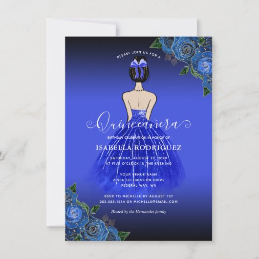 Budget Blue Princess Gold Quinceañera Uitnodiging (Voorkant)