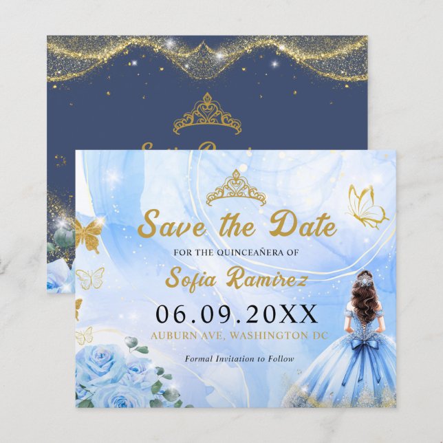 Budget Blue Princess Quinceañera Save The Date (Voorkant / Achterkant)
