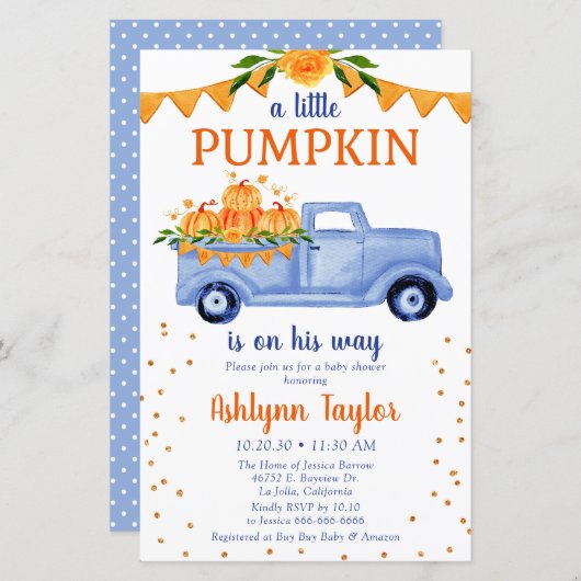 Budget Blue Pumpkin Baby shower Invitation (Voorkant / Achterkant)