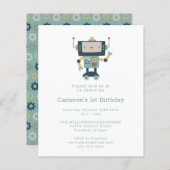 Budget Blue Robot Simple 1st Birthday Uitnodiging (Voorkant / Achterkant)