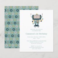 Budget Blue Robot Simple 1st Birthday Uitnodiging