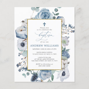 Budget Blue Roos Flowers Baptism Invitation