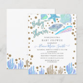 Budget Blue Seashells Beach Baby shower-uitnodigin (Voorkant / Achterkant)