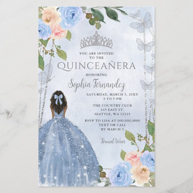 Budget Blue Silver Floral Princess Quinceañera (Voorkant)
