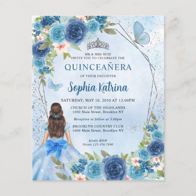 Budget Blue Silver Floral Princess Quinceañera (Voorkant)