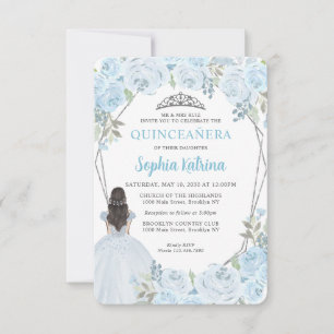 Budget Blue Silver Floral Princess Quinceañera Notitiekaartje