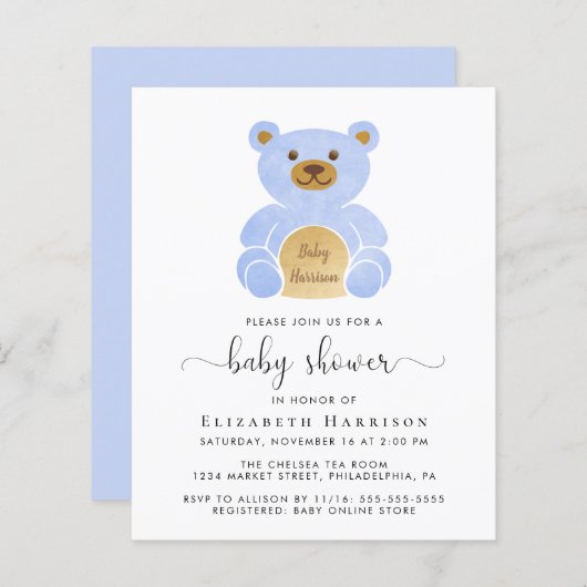 Budget Blue Teddy Bear Baby Shower Uitnodiging (Voorkant / Achterkant)