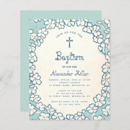 Budget Blue White Floral Lijst Baptism Uitnodiging (Voorkant / Achterkant)