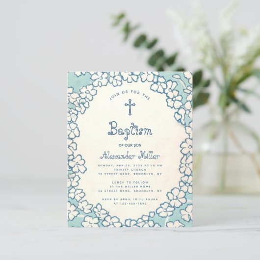 Budget Blue White Floral Lijst Baptism Uitnodiging (Staand voorkant)