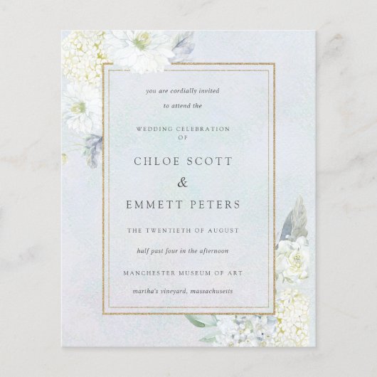 Budget Blue White Floral Wedding Invitation (Voorkant)