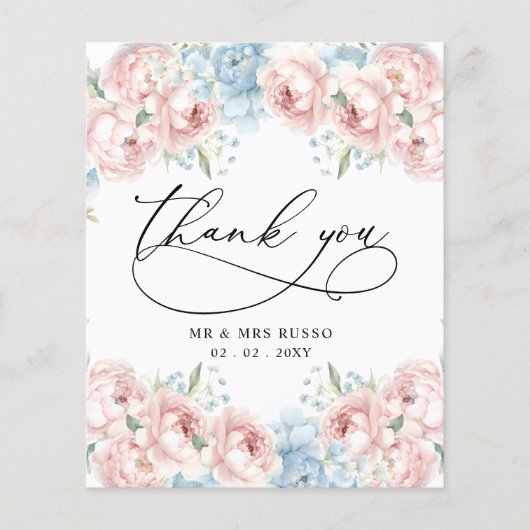 Budget Blush Bloemen Bruiloft Dank u kaart (Voorkant)