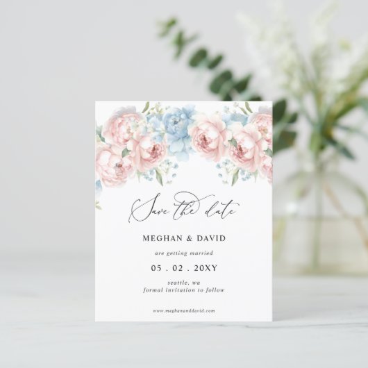 Budget Blush Bloemen Foto Save the Date (Staand voorkant)