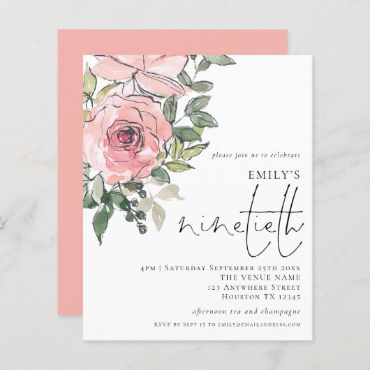 Budget Blush Florals Ninetieth Party Invitation (Voorkant / Achterkant)