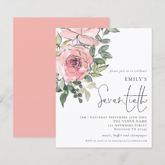 Budget Blush Florals - Uitnodiging van de zeventie (Voorkant / Achterkant)