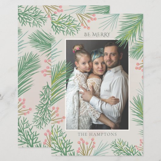 Budget Blush Forest Pine Holly Photo Holiday Card (Voorkant / Achterkant)