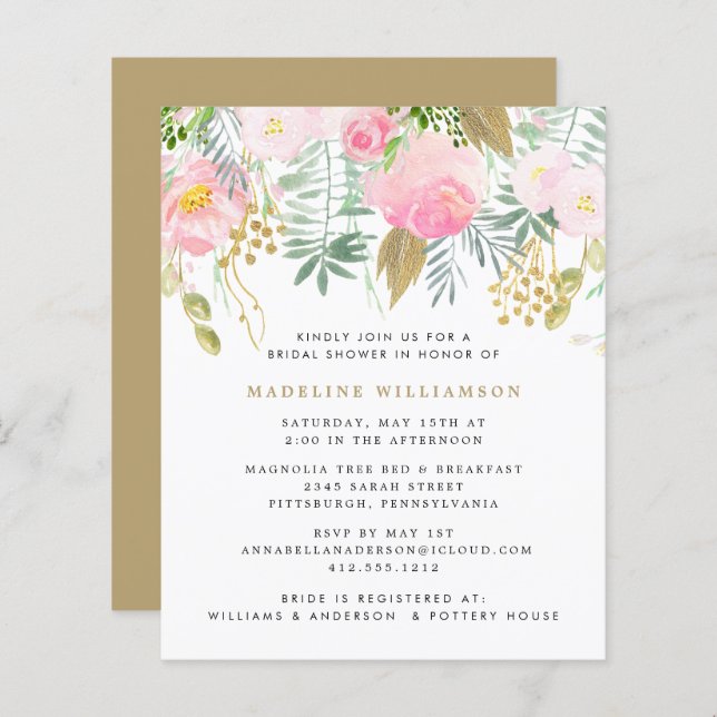 Budget Blush Gold Floral Bridal Shower (Voorkant / Achterkant)