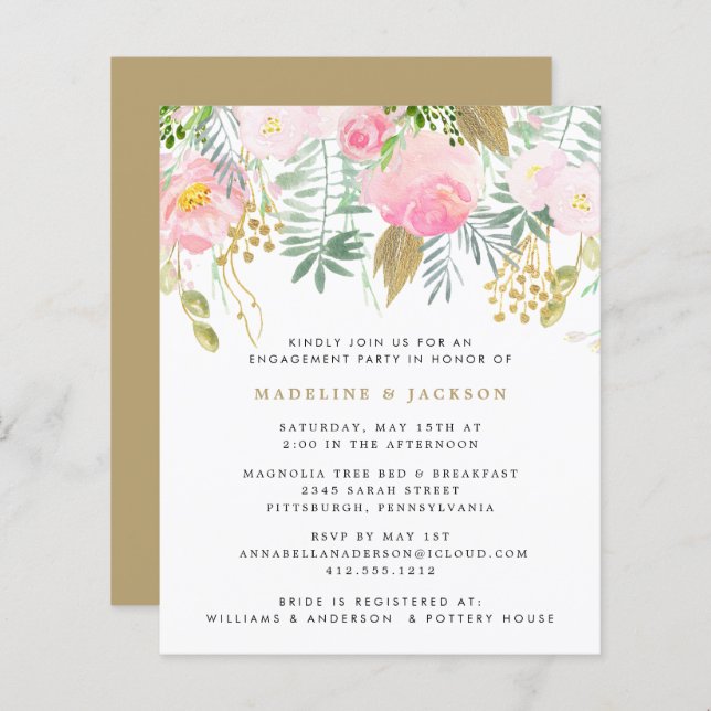 Budget Blush Gold Floral Couples - Uitnodiging (Voorkant / Achterkant)