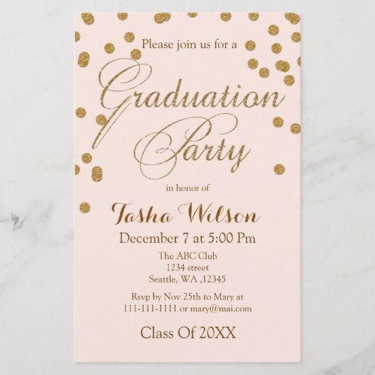Budget Blush Gold Glitter Afstuderen Invitation (Voorkant)