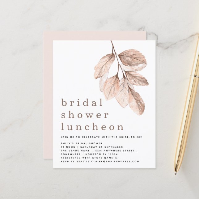 Budget Blush Leaves Vrijgezellenfeest Luncheon Inv (Voorkant / Achterkant in situ)