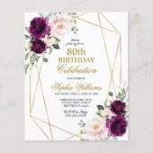 Budget Blush & Paars Roos 80 Birthday Uitnodiging (Voorkant)