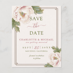 BUDGET Blush Peony Floral Weddenschap Save the Dat Flyer