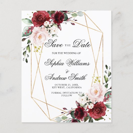 BUDGET Blush Pink & Burgundy Floral Save the Date (Voorkant)