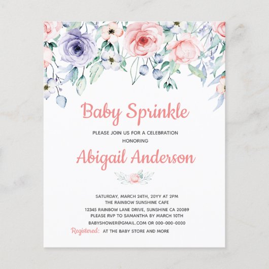 Budget Blush Pink Floral Baby Sprinkle Uitnodiging Flyer (Voorkant)