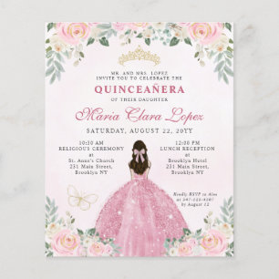 Budget Blush Pink Gold Floral Princess Quinceañera