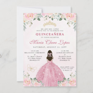 Budget Blush Pink Gold Floral Princess Quinceañera Notitiekaartje