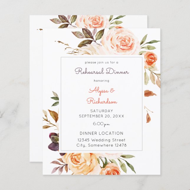 Budget Blush Pink & Peach Floral repeal Dinner (Voorkant / Achterkant)