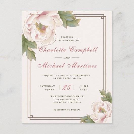 Budget Blush Pink Wedding Peony Floral Invites Flyer (Voorkant)