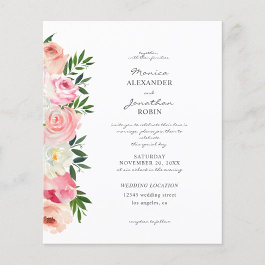 Budget Blush Pink & White Floral Wedding Flyer 2 (Voorkant)