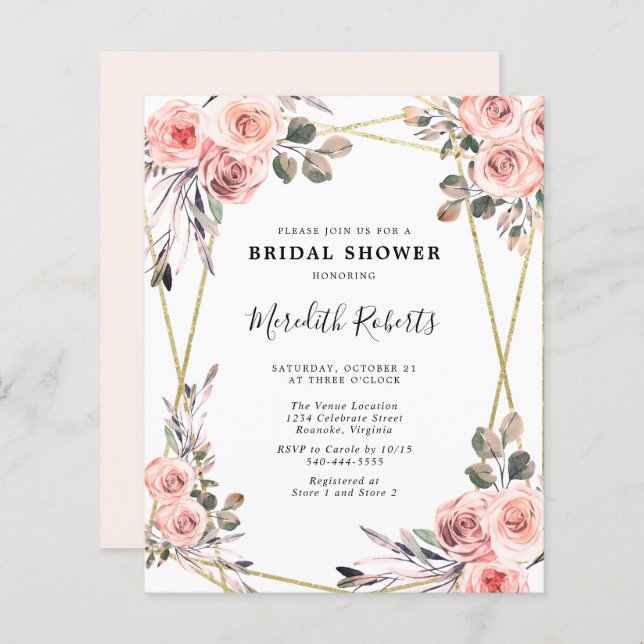 Budget Blush Roses Bridal Shower Uitnodiging (Voorkant / Achterkant)