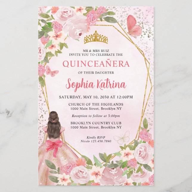 Budget Blush Roze Bloemen Goud Prinses Quinceañera (Voorkant)