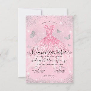 Budget Blush Roze Zilver Glitter Gown Quinceanera Notitiekaartje