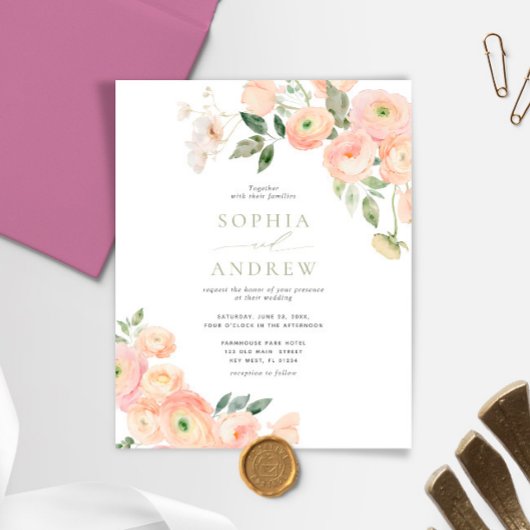 Budget Blush & Sage Green bruiloft uitnodiging