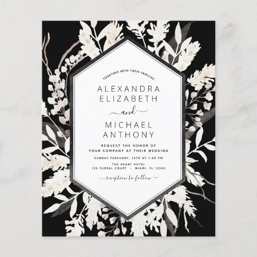 Budget Boho Black Botanical Wedding Invitation Flyer (Voorkant)