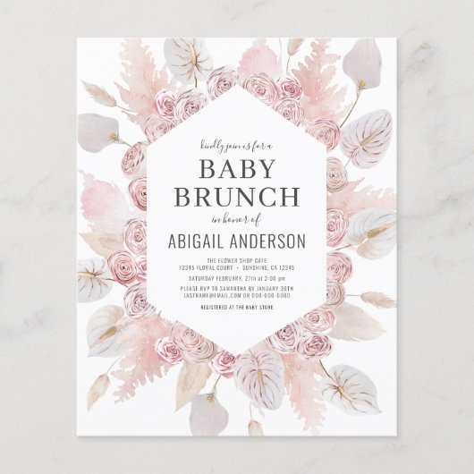 Budget Boho Blush Pink Baby Brunch Uitnodiging Flyer (Voorkant)