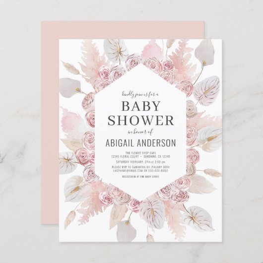 Budget Boho Blush Pink Baby shower Uitnodiging (Voorkant / Achterkant)