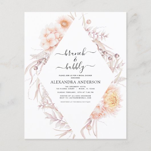 Budget Boho Brunch & Bubbly Bruidsuitnodiging Flyer (Voorkant)