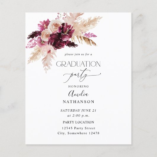 Budget Boho Burgundy & Pink Floral Gradual Party Flyer (Voorkant)