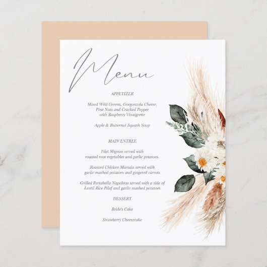 Budget Boho Copper Pampas & Beige Floral Menu (Voorkant / Achterkant)