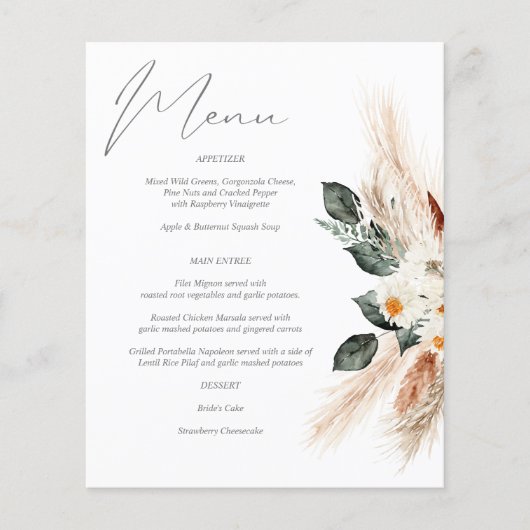 Budget Boho Copper Pampas & Beige Floral Menu (Voorkant)