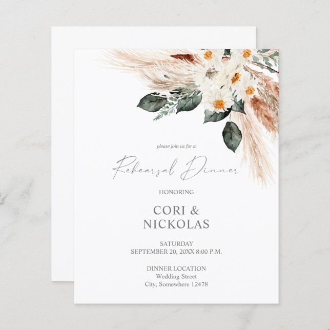 Budget Boho Copper Pampas Floral Rehearsal Dinner (Voorkant / Achterkant)