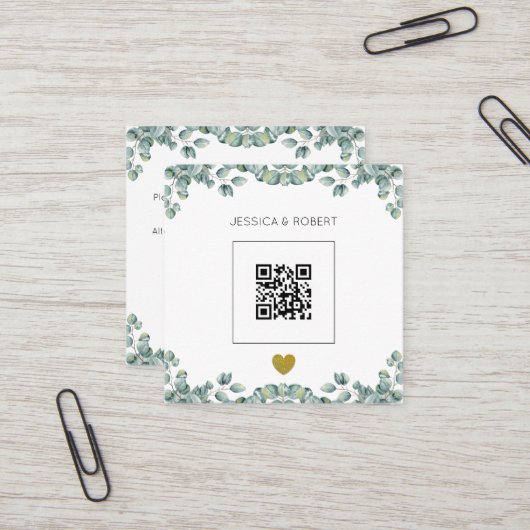 Budget Boho Eucalyptus QR Code Weddenschap Vierkante Visitekaartje (Voorkant / Achterkant in situ)