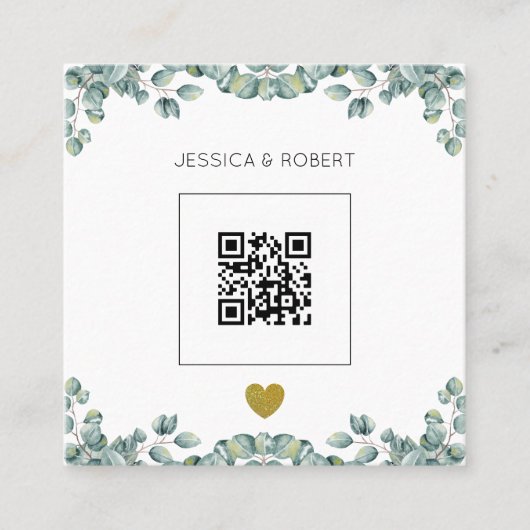 Budget Boho Eucalyptus QR Code Weddenschap Vierkante Visitekaartje (Voorkant)