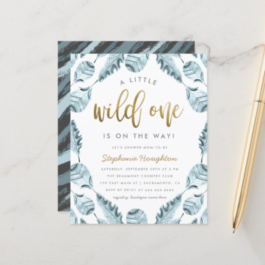 Budget Boho feathers Gold Wild One Boy Baby shower (Voorkant / Achterkant in situ)