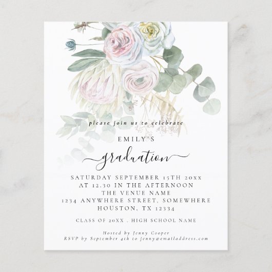 Budget Boho Floral Eucalyptus Afstuderen Uitnodigi (Voorkant)