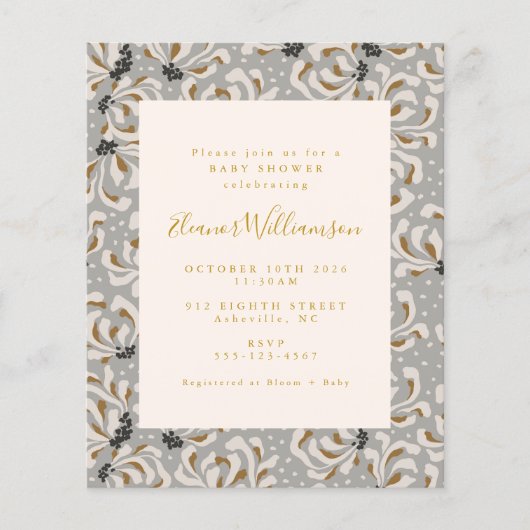 Budget Boho Gray Gold Floral Baby shower (Voorkant)
