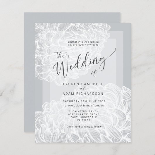 Budget Boho Gray & White Floral Wedding Invitation (Voorkant / Achterkant)